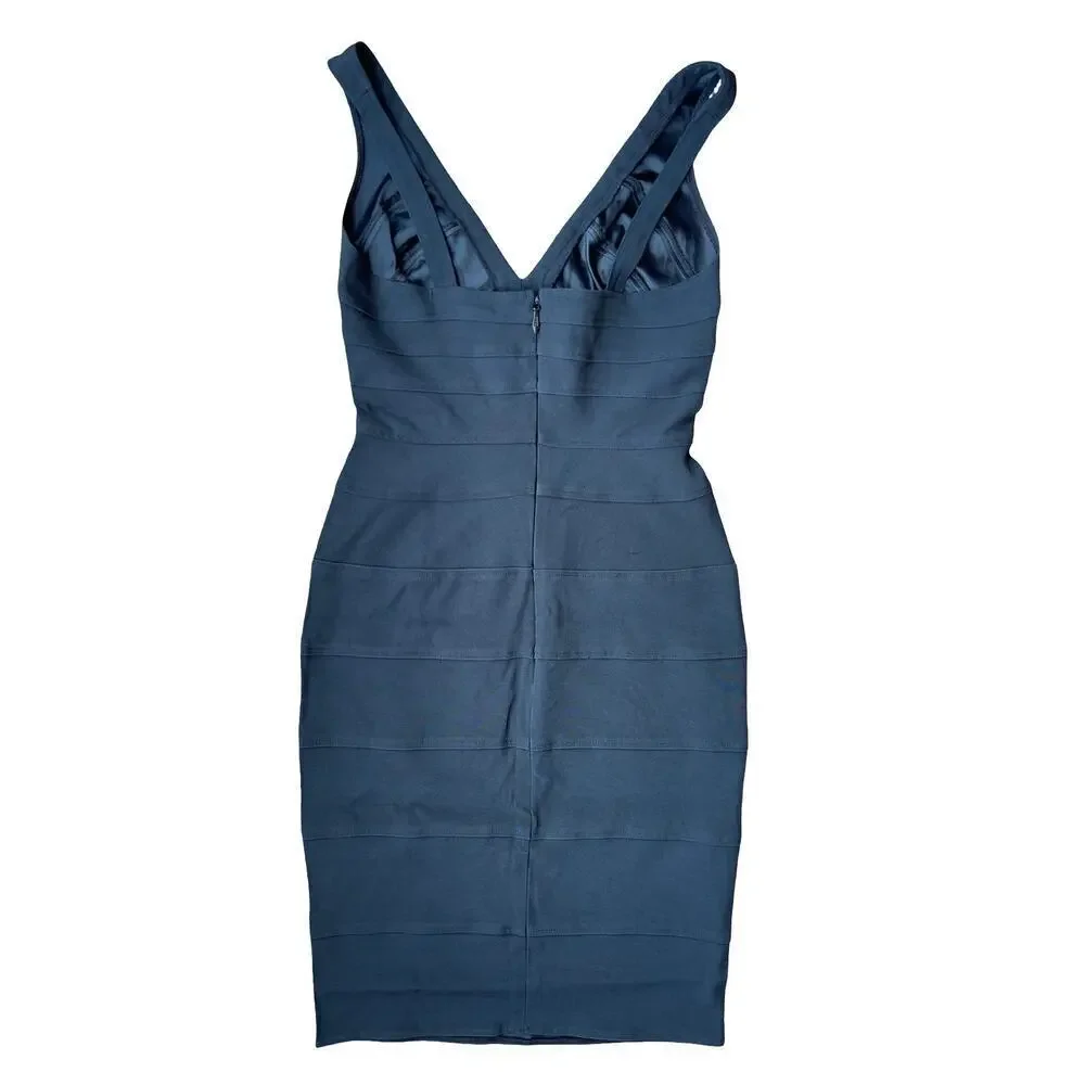 Bianca Nero Black Bandage Bodycon V Neck Stretch Slimming Dress - Small est. - Picture 3 of 12
